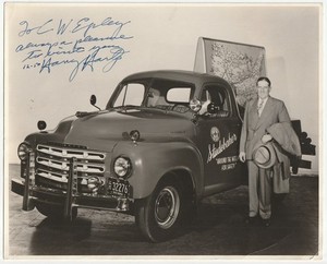 Harry Hartz - Auto Racing HOF Driver - Signed 1950 Photo with Studebaker Truck
