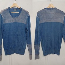 GRAY by Saks Fifth Avenue Vneck Long Sleeve Wool Sweater XL Blue White Wash
