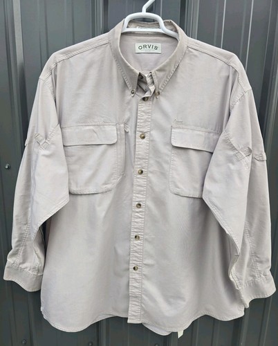 Orvis River Guide Vented Shirt Men's 2XL Beige Nylon Roll Tab Sleeve Button Up