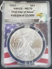 2021 US Uncirculated Silver Eagle "T-1"-1 oz .999 Fine Silver-ANACS MS70 #05104