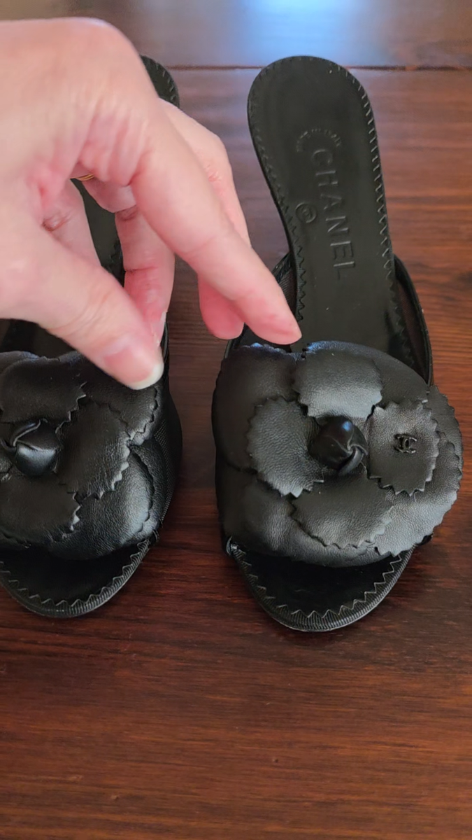 Chanel Mesh Vintage Camellia Flower Mules CC Logo Black Peep Toe