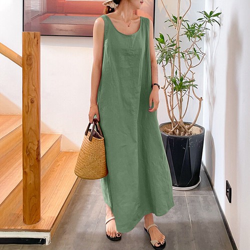 Women Sleeveless Vest Tank Long Dress Ladies Summer Solid Cotton Maxi Gown - Picture 5 of 27