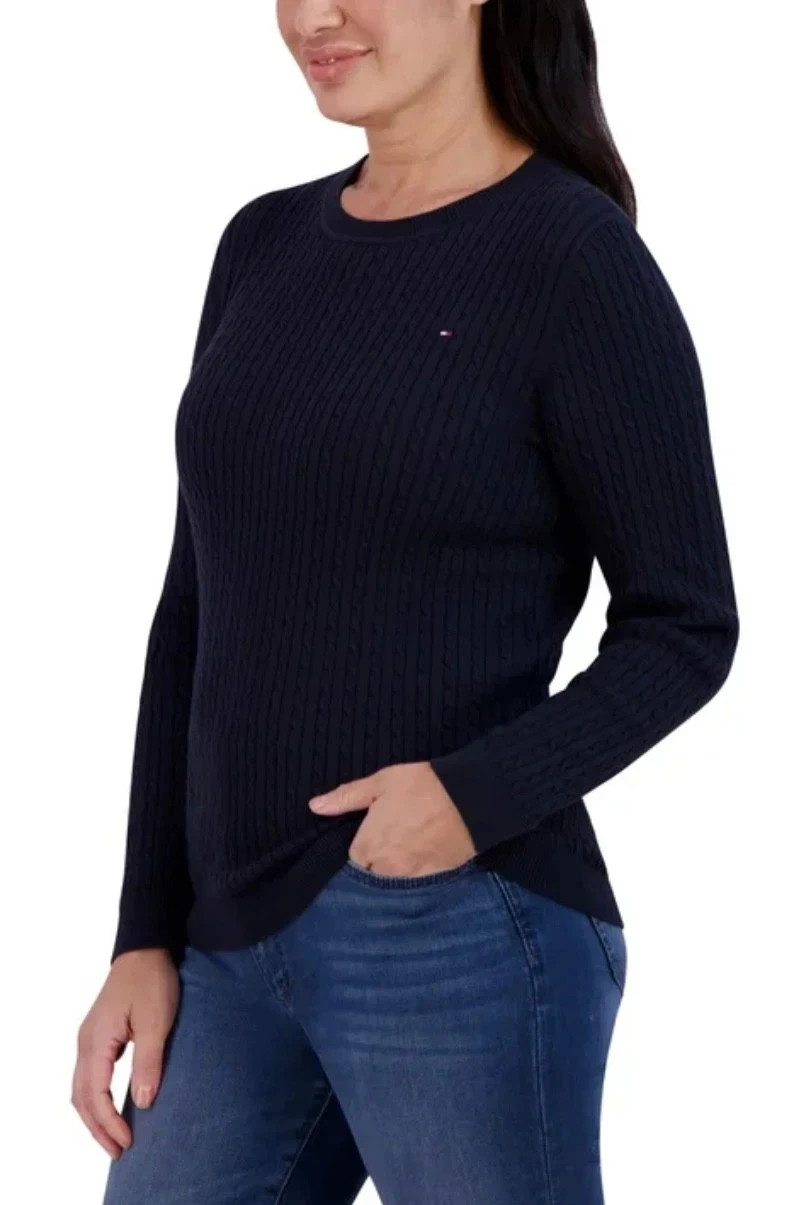 Tommy Hilfiger Women's Long Sleeve Cotton Cable Knit Sweater Navy  L