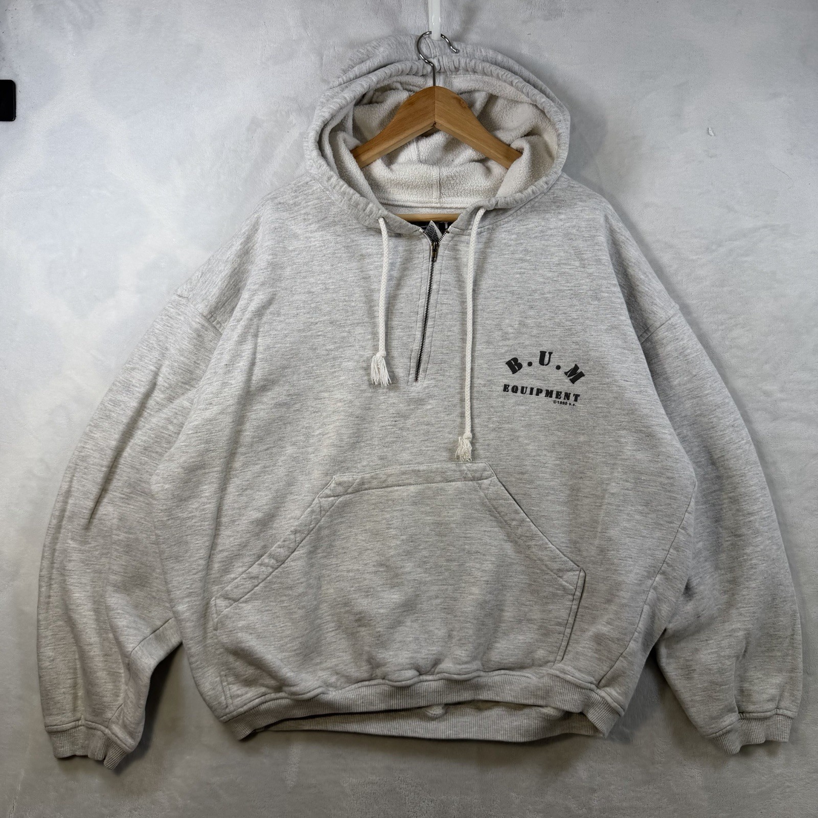 Vintage B.U.M. Equipment Hoodie Mens Large Gray Half Zip 1/4 Sweatshirt Grunge