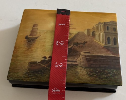 Fedoskino Signed Vintage Russian Lacquer Box Hand Painted Sailing Ship Harbor - Bild 6 von 9