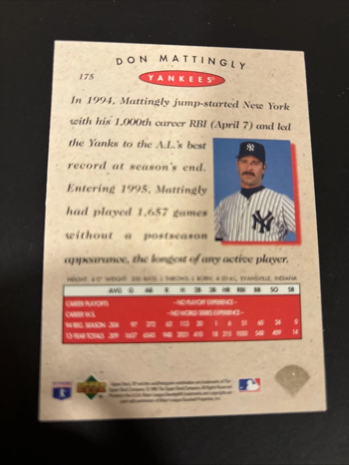 DON MATTINGLY 1995 UPPER DECK UD SP #175 - Image 2 of 2