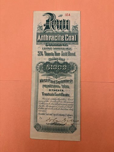 Penn Anthracite Coal Company Gold Bond 1909 - Picture 1 of 4