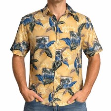 Campia Moda Hawaiian Aloha Shirt Large Palms Islands Tropical Gold Yellow