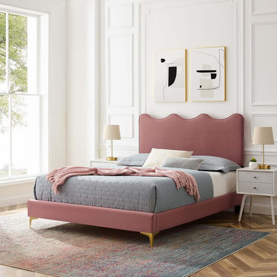 Dusty Rose Velvet Queen Platform Bed with Elegant Gold Legs