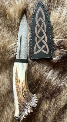 Scottish Sgian Dubh handmade w/ Crown Stag handle, hand forged Damascus blade