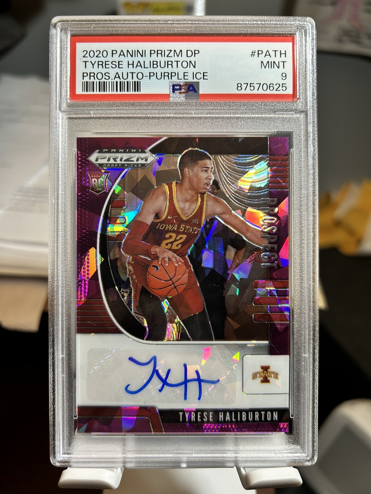 2020-21 Prizm Draft Tyrese Haliburton Purple Cracked Ice Rookie Auto /99 PSA 9