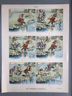1902 PUCK Cartoon ''Gamekeeper Outwitted'' Medieval Fishing Conservation Officer