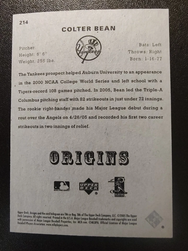 Colter Bean signed autographed 2005 Upper Deck NY Yankees Young Stars #214 card - Image 2 of 2