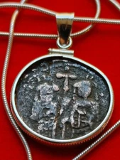 568AD Byzantine Bronze Sterling Jesus Christ And Cross Coin Pendant W COA & Box