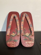 Rare Vintage Japanese Hand Painted Wooden Geisha Geta Sandal Okinawa 1948 Red