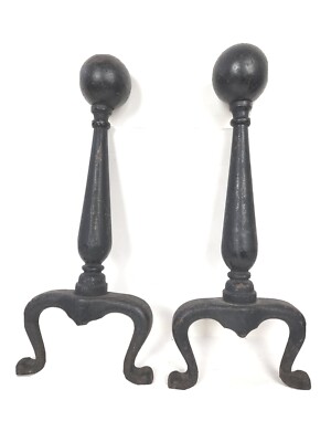 Antique Cast Iron Fireplace Andirons Hammered 18 x8  Black Pair