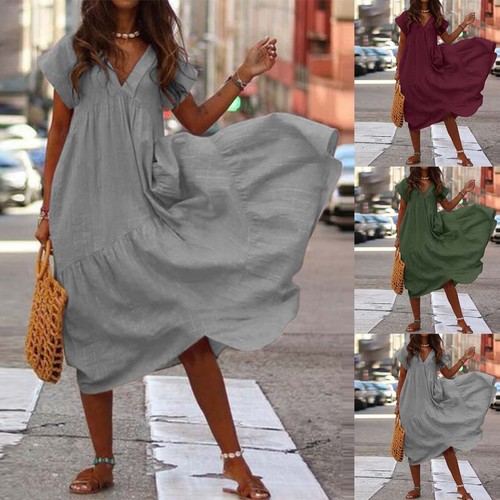 Women Casual Short Sleeve V Neck Ruffle Hem Solid Swing Smock Dress Midi Length