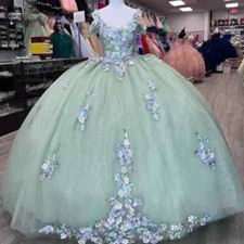 Sage Green Shiny Quinceanera Dresses Ball Gown Floral Applique Lace Sweet 16