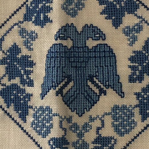 VTG Americana Linen Cloth Tablecloth Blue Cross Stitch Eagle Embroidery 36” X 36 - Picture 2 of 5