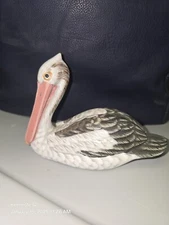 SITTING PELICAN HAND CARVED WOOD TROPICAL SCULPTURE BIRD DECOR