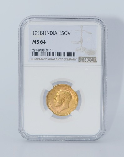 Moneda De Oro Soberana De 1 India 1918 NGC MS64 - Imagen 1 de 2
