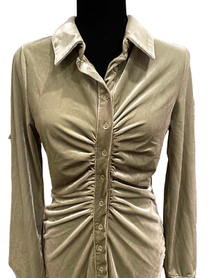 Forever 21 Sage Green Velvety Ruched Button Up Shirt Dress Size M | eBay