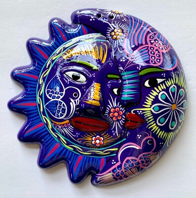 Mexican Sun Moon Face Eclipse Folk Art Talavera Pottery Hand Painted 8 1/2''  #22