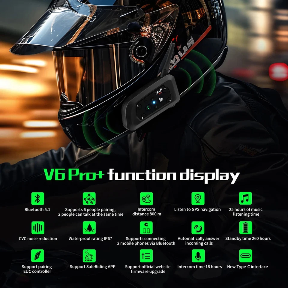 EJEAS V6 Pro+ Motorcycle Helmet Bluetooth Intercom – 6 Rider 800m Range Walkie T - Image 3 of 4