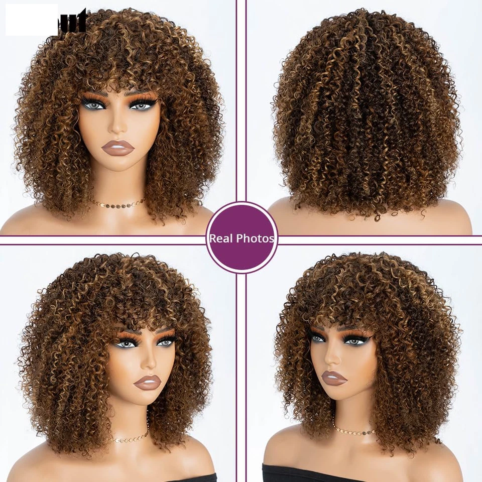 Peluca Bob Sin Pegamento Cabello Humano Corto Rizado con Flequillo Ponerse y Go 200% Densidad Foto 2 de 4