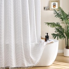 White Shower Curtain Fabric Boho Shower Curtain Cloth Textured Tufted Chevron...