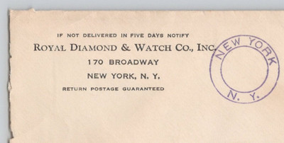 1930s Royal & Diamond Watch Co New York NY Postal Cover