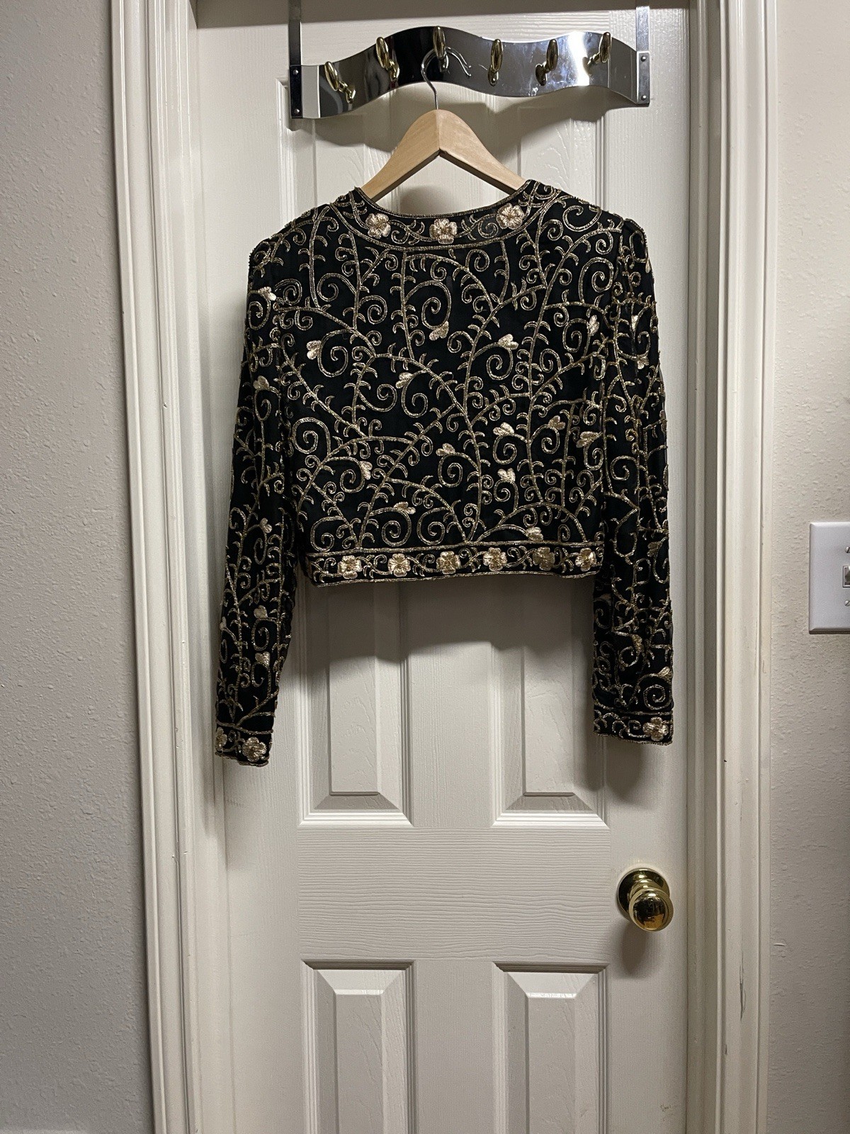 Vintage Laurence Kazar Beaded black And Gold bolero Silk Jacket Size Medium