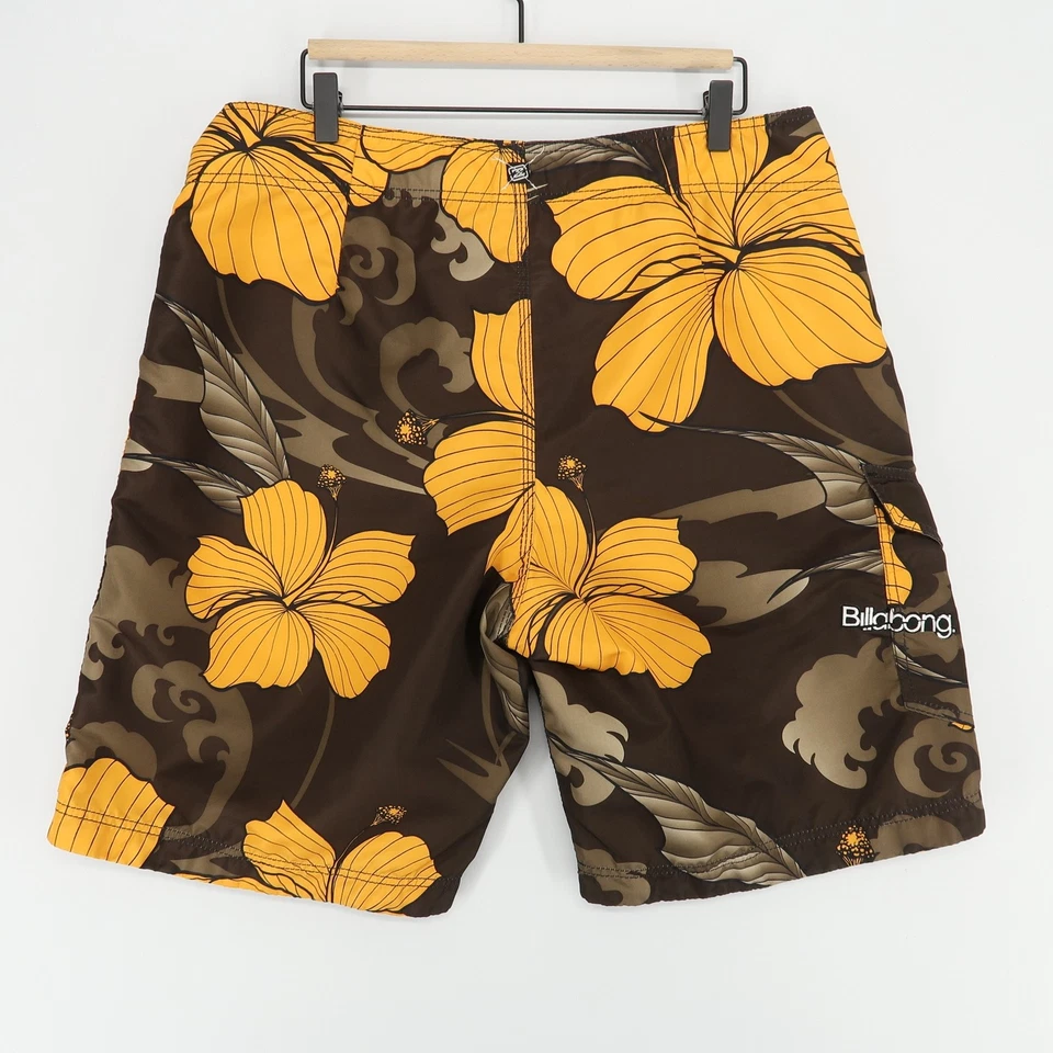 Billabong Board Shorts Hombres 36 Marrón Amarillo Floral Surf Playa De Colección Y2K Foto 3 de 4