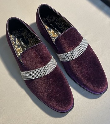 Alberto Fellini Sparko 10 Purple Velvet Rhinestone Loafers Red Sole Tuxedo Shoes