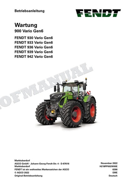 Fendt 900 930 933 936 939 942 Vario Gen6 Traktor Betriebsanleitung Wartung Buch-image