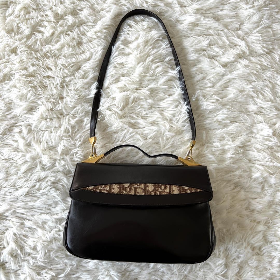 Vintage Dior 2-Way Trotter Leather Shoulder Bag Black Authentic