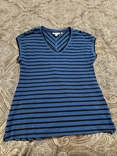Chicos Shirt 0 Womens Small Blue Striped Short Sleeve V Neck Classic Tee Top