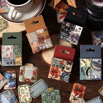 45pcs Mystery Vintage Stickers Pack, Ocean Flower Newspaper, Galaxy