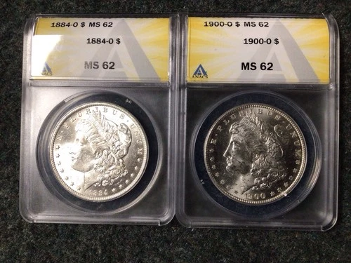 Lot of 2 Morgan Dollars 1884-O ANACS MS62 & 1900-O ANACS MS62  063