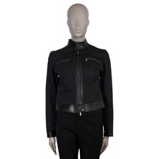 72886 auth GUCCI black cotton 2000 LEATHER TRIM GG DENIM Jacket S