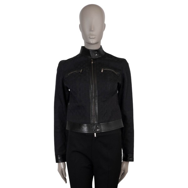 72886 authentische GUCCI schwarze Baumwolle 2000 LEDERBESATZ GG DENIM Jacke S