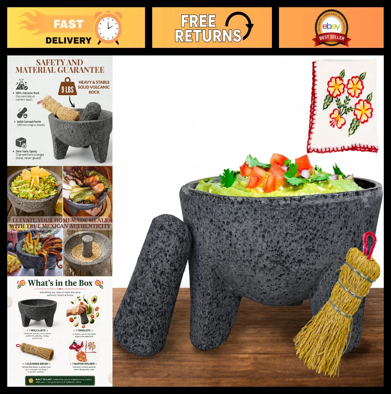Handmade Volcanic Rock Molcajete Mortar & Pestle Bowl - Authentic Guacamole Make