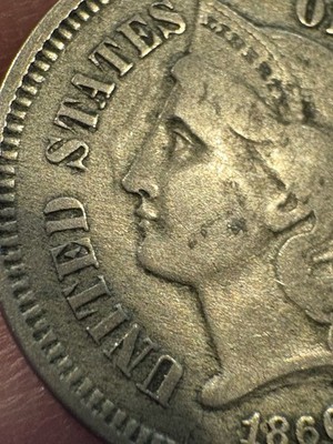 1866 3 Cent Nickel US Coin With Strike Through Error And  Die Cracks