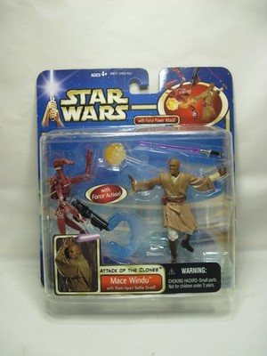 Star Wars Attack of the Clones Mace Windu with Blast Apart Droid Figure 2002 NEW