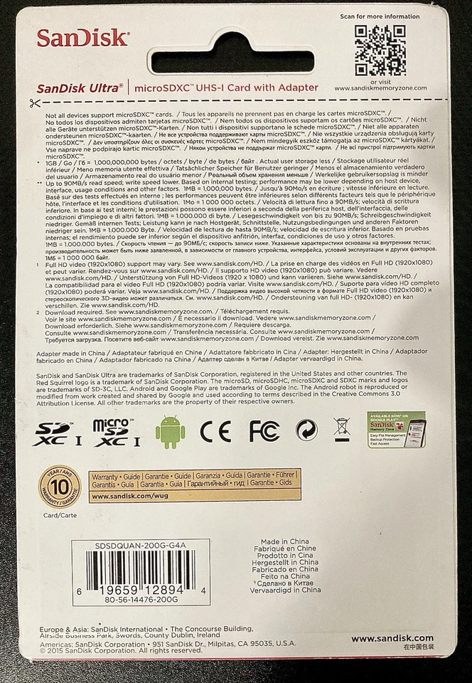 SanDisk Ultra 200GB Micro SDXC UHS-I U1 Card Premium Edition - Image 2 of 2