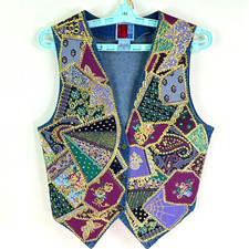 Sun Belt Embroidered Sequin Patchwork Denim Vest Women's Size S Blue