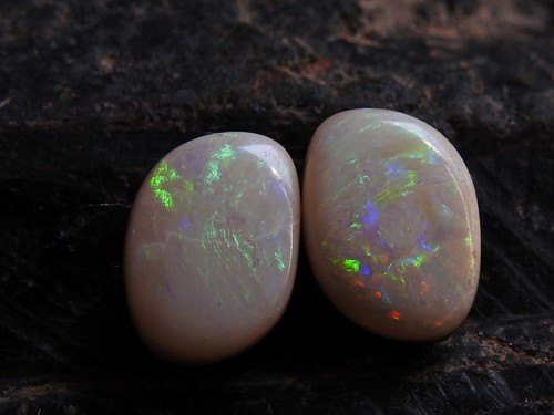 Australian Opal Doublet Smooth Multi Fire Cabochon Matched Pair 9X6X3MMMS - Picture 2 of 10