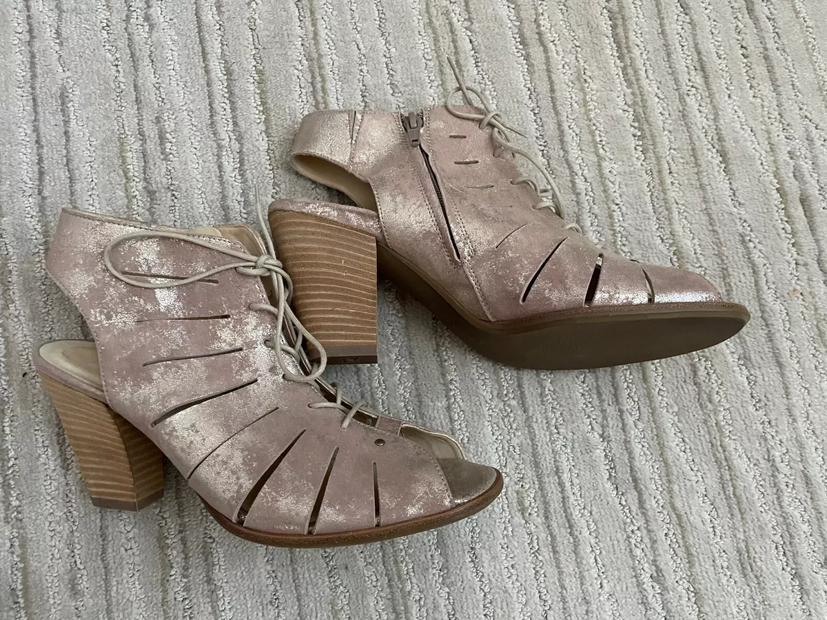 PAUL GREEN Cosmo Peep Toe Lace Up Bootie Sandal Blush Metallic Leather sz9M