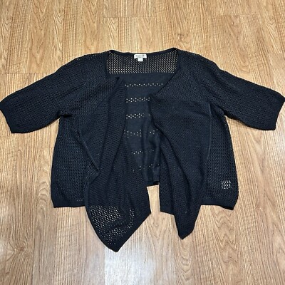 One World Womens Plus 2X Black Open Knit Short Sleeve Cardigan Waterfall  Flowy