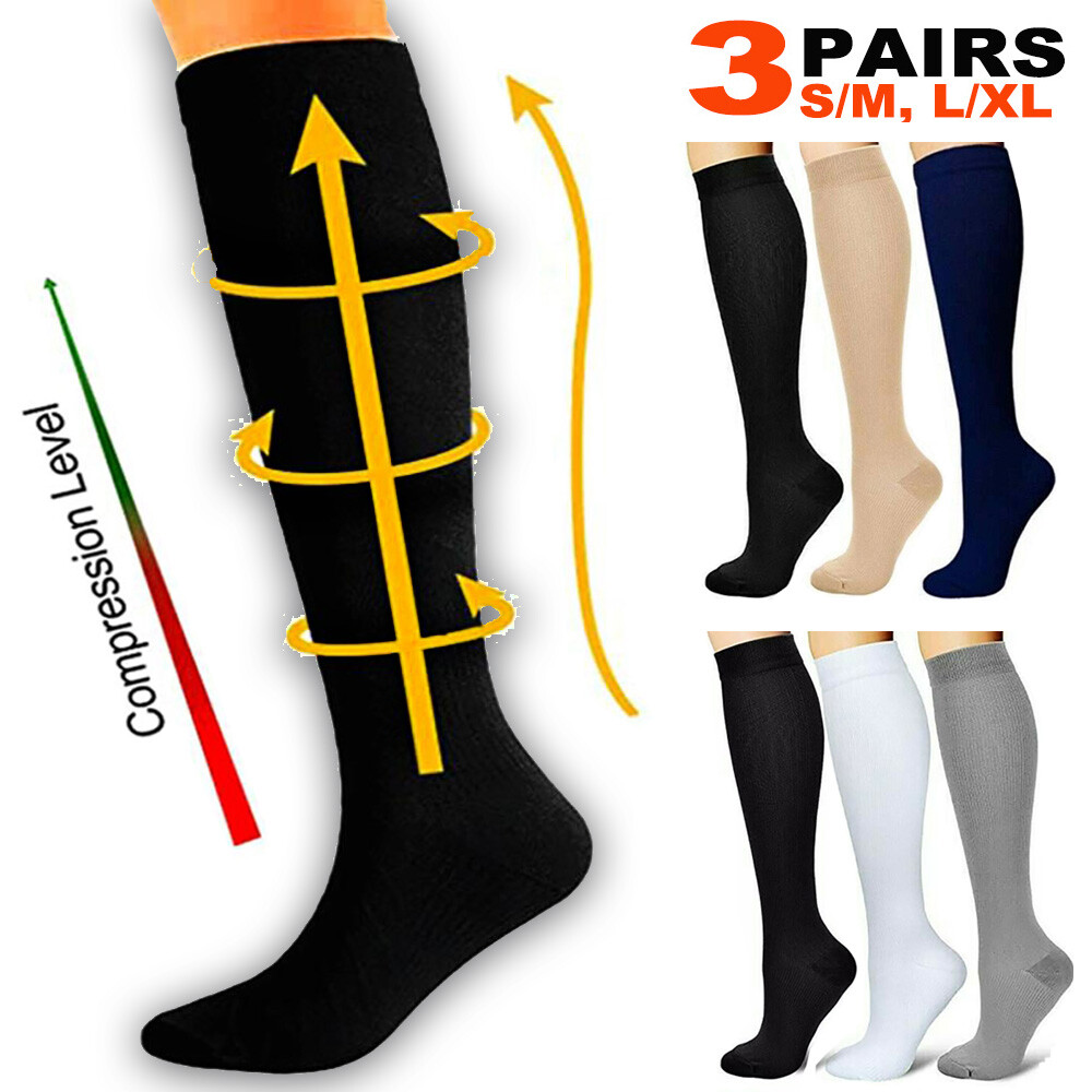 3 Medias de Compresión Hasta la Rodilla, Soporte Firme 20-30mmHg Calcetines Médicos Mujeres Hombres